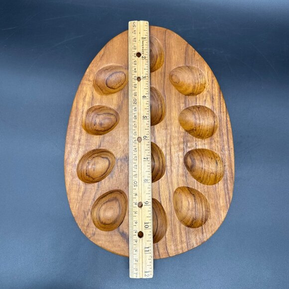 Vintage Deviled Egg Tray Plate Teak Wood Oval 12 Egg Holders Mid Century Kitchen - Picture 6 of 7
